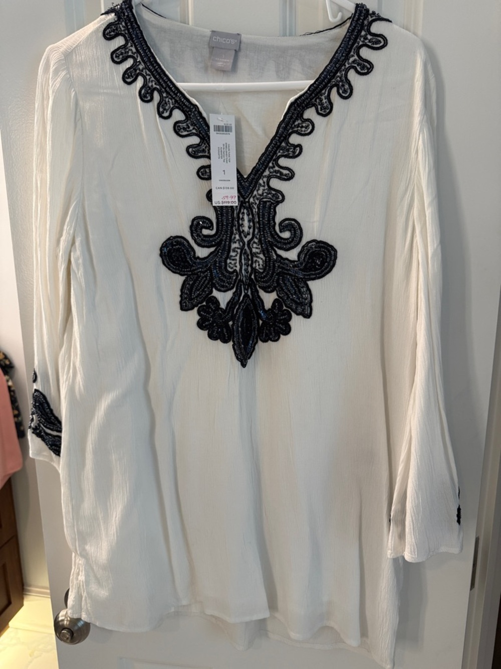 Chico's White Tunic with Navy Embroidered V-Neck Detail